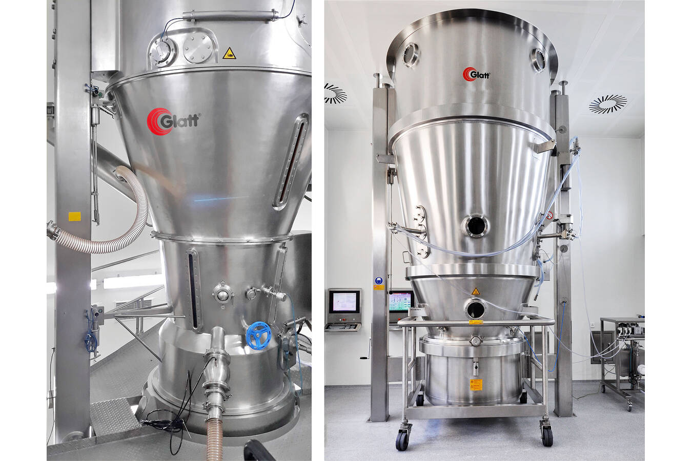 Left: Fluid bed granulator with continuous product discharge; right: Batch fluid bed granulator and coater. Both systems at the Glatt Technology Center in Weimar process solvent-based products