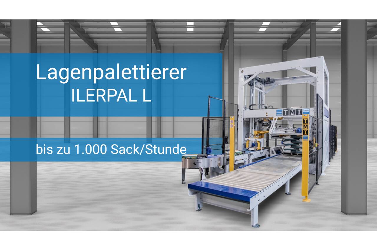 High-Speed Hybrid-Palettierung: Der Lagenpalettierer Ilerpal L TMI und SSB präsentieren den Ilerpal L – eine hybride Palettierlösung, die Robotik-Präzision mit kartesischer Effizienz vereint. Konzipiert für bis zu 1.000 Säcke/Stunde, bietet er höchste Stabilität für unregelmäßige Lasten.